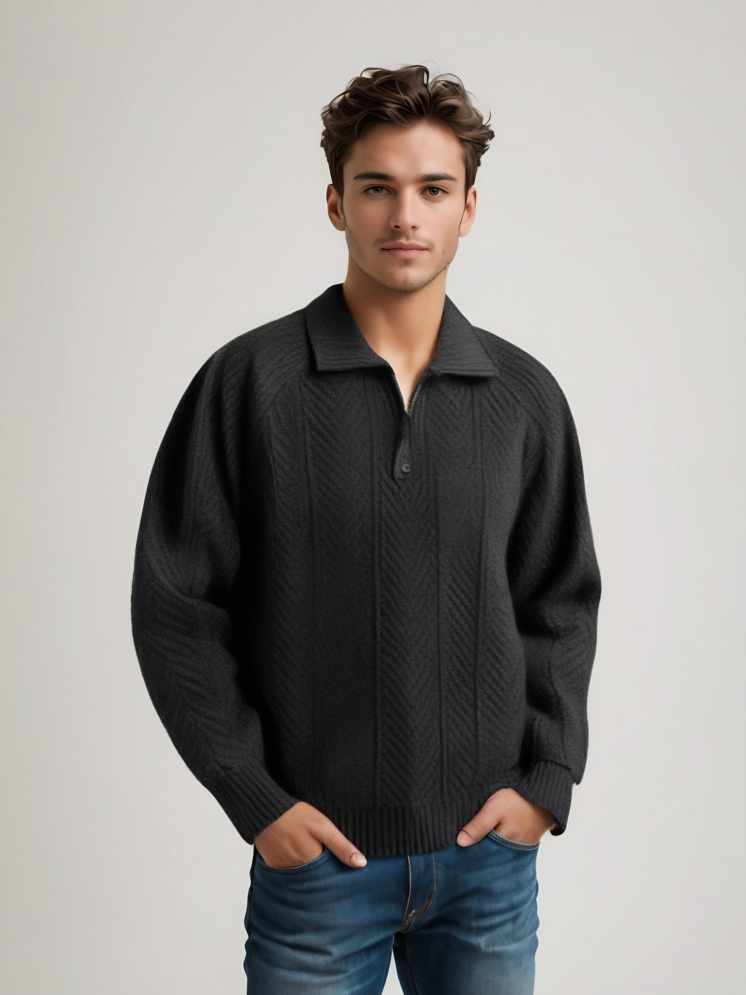 Dylan | Stijlvolle gebreide trui met moderne kraag - Black / S - trui